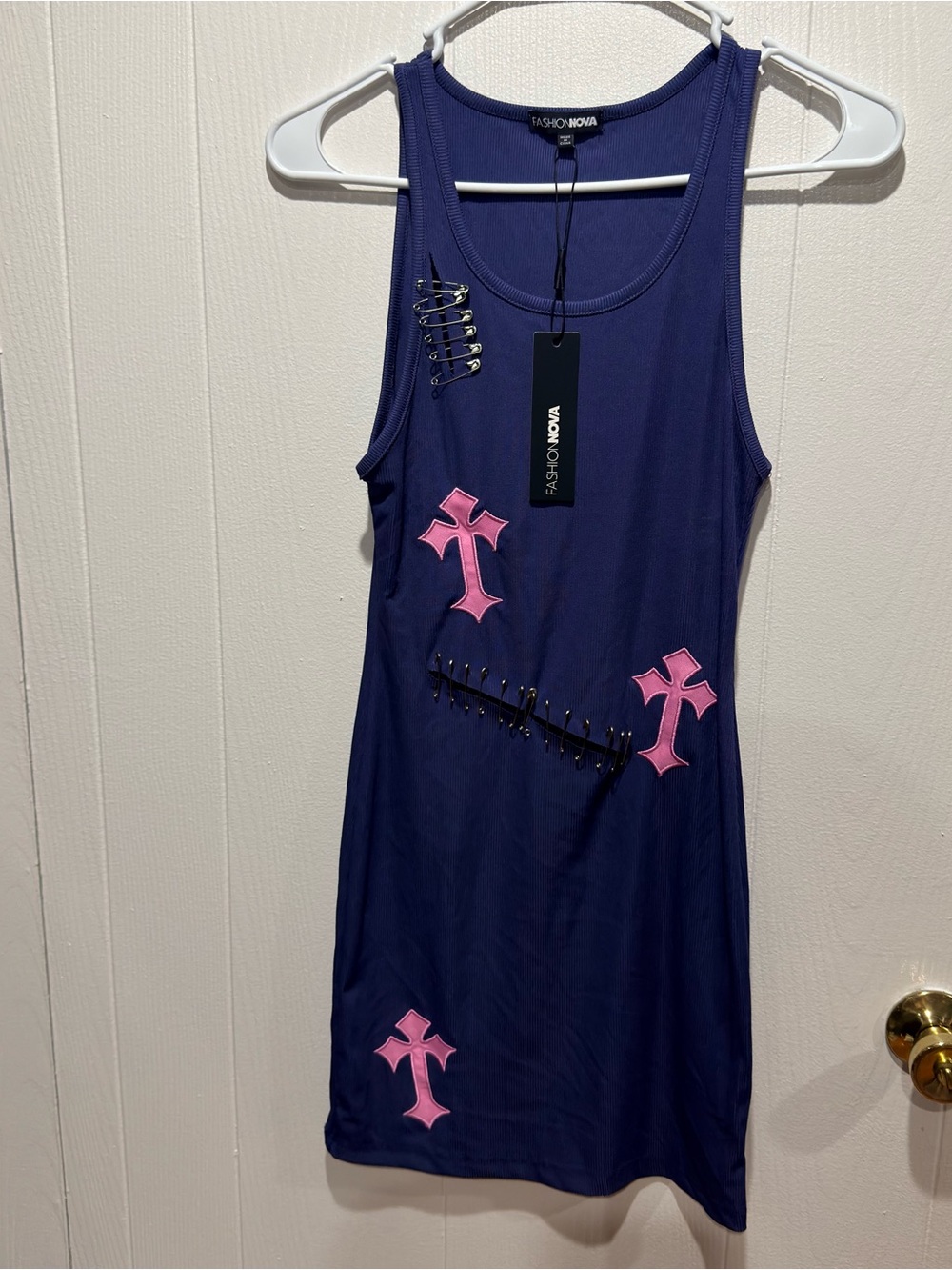 Fashion Nova Navy Mini Tank Dress with Pink Cross Appliques